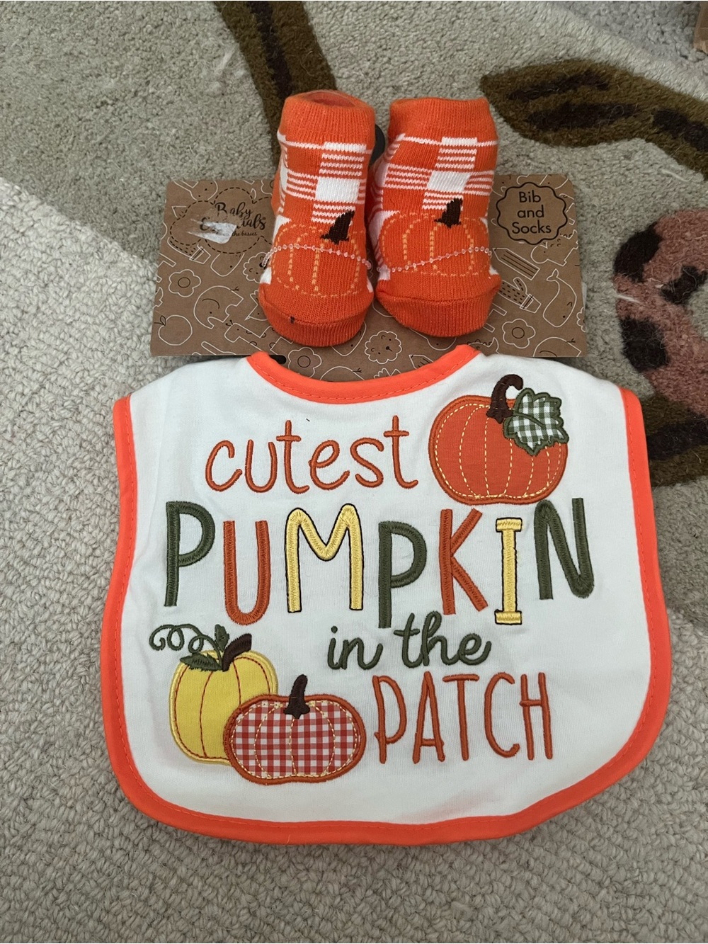 Baby Essentials Orange Pumpkin Bib and Socks Set